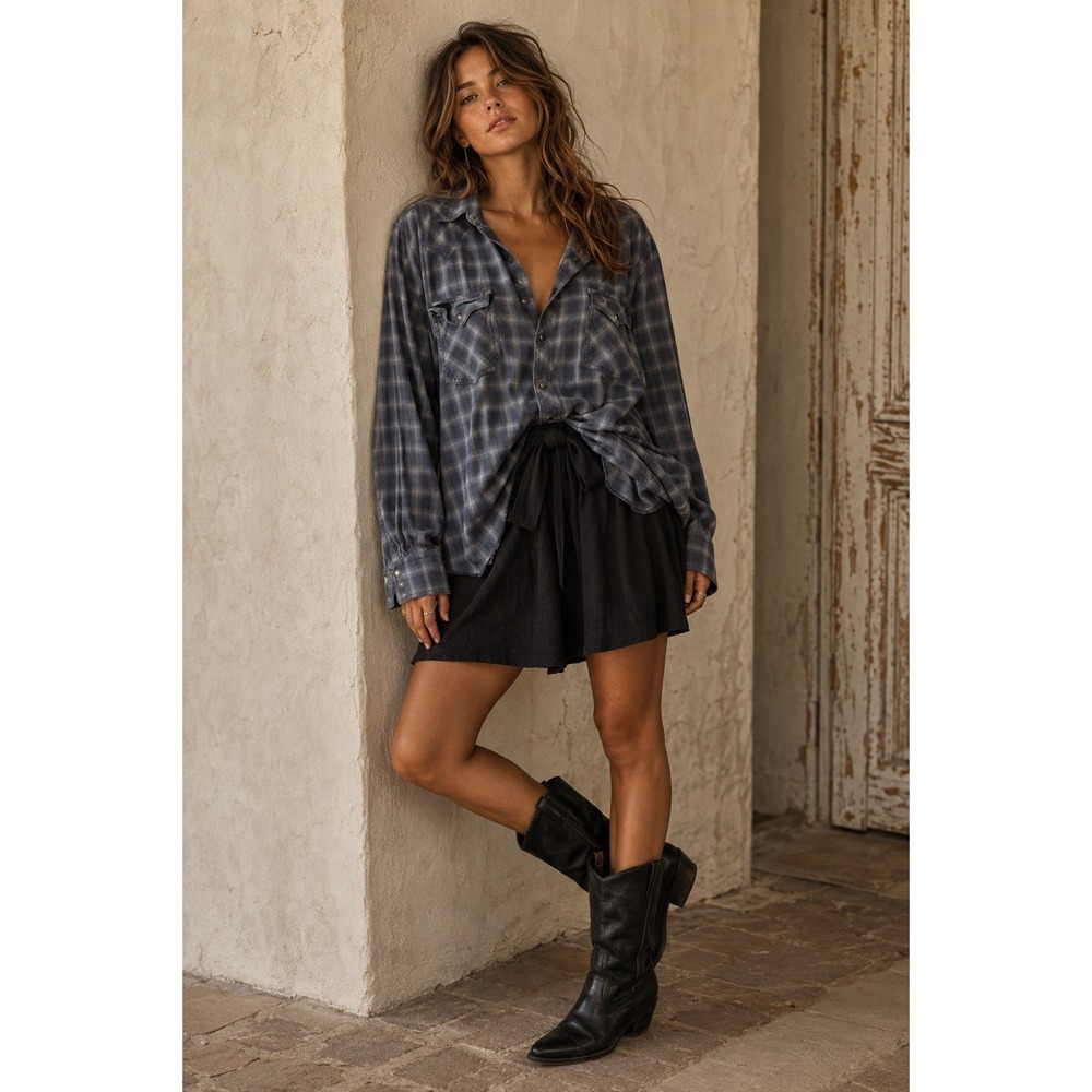Wrangler Retro Womens Blue Plaid Western Long Sleeve Pearl Snap Shirt Raw Hem L